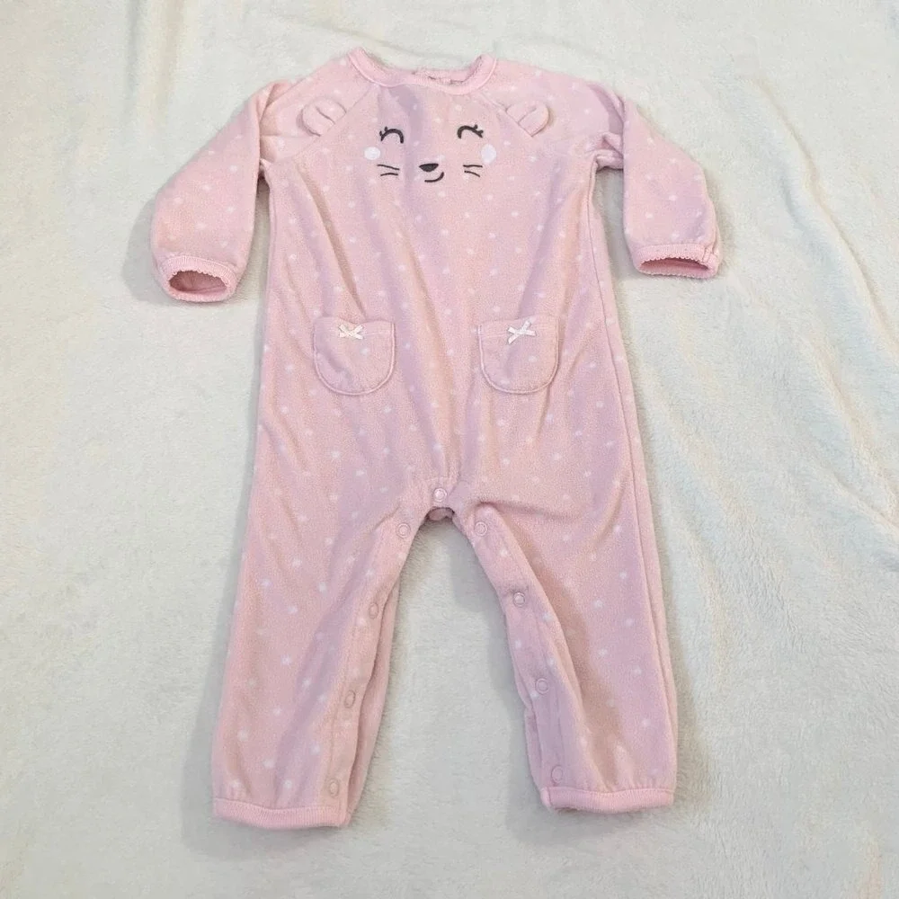 5/$25 Carter's Baby Girl Pink Polka Dot‎ Cat Fleece Sleeper Romper 9 Months